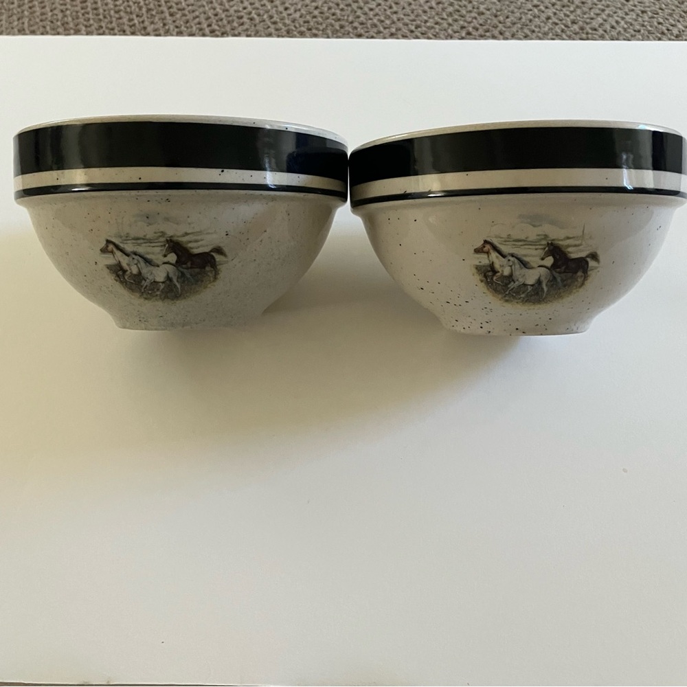 Folk Craft Stoneware Running Horses 2 Soup Bowls